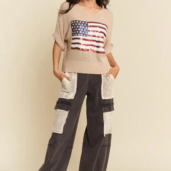 Davi & Dani Sequin‎ American Flag Patch Short Sleeve Knit Top - Picture 8 of 10